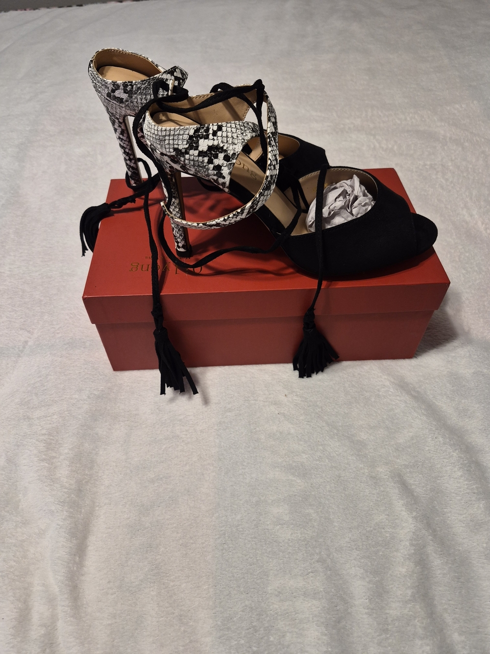 Strappy Snake-Accent Lace-Up High Heels in Black